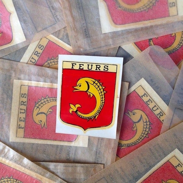 décalcomanie ancien vintage ville blason français france feurs forez loire 42 1960 poisson