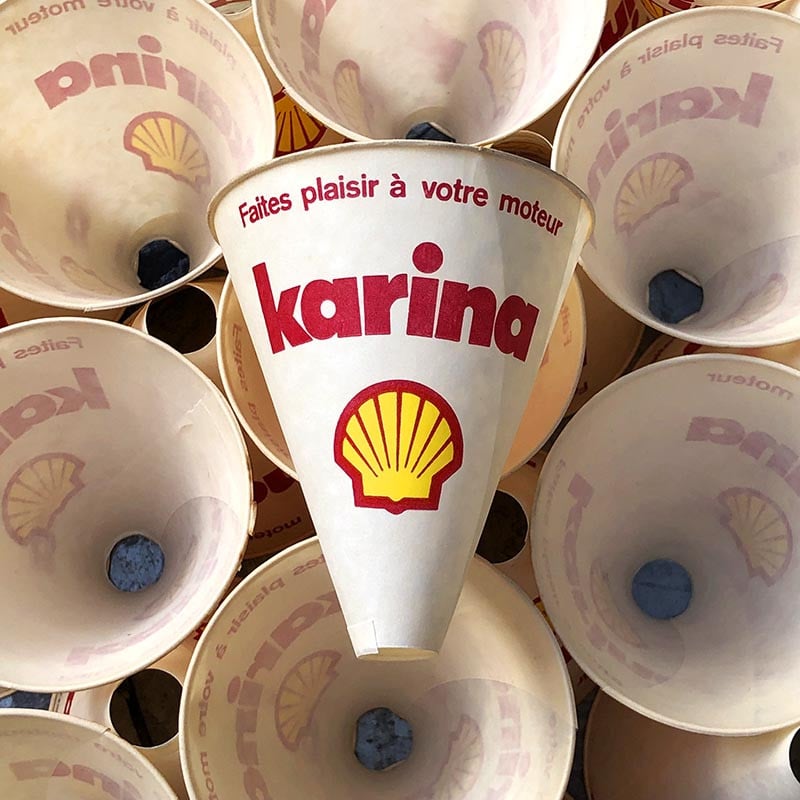 entonnoir papier publicitaire karina shell garage vidange ancien 1970 papier léger vintage