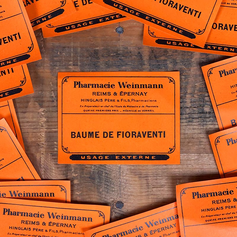 petite étiquette ancienne pharmacie hinglais reims epernay marne 1930 1920 baume de fioraventi
