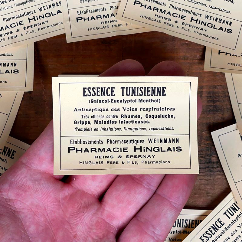 petite étiquette ancienne pharmacie hinglais reims epernay marne 1900 1920 essence tunisienne antiseptique respiratoire