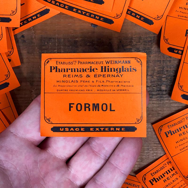 petite étiquette ancienne pharmacie hinglais reims epernay marne 1930 1920 formol