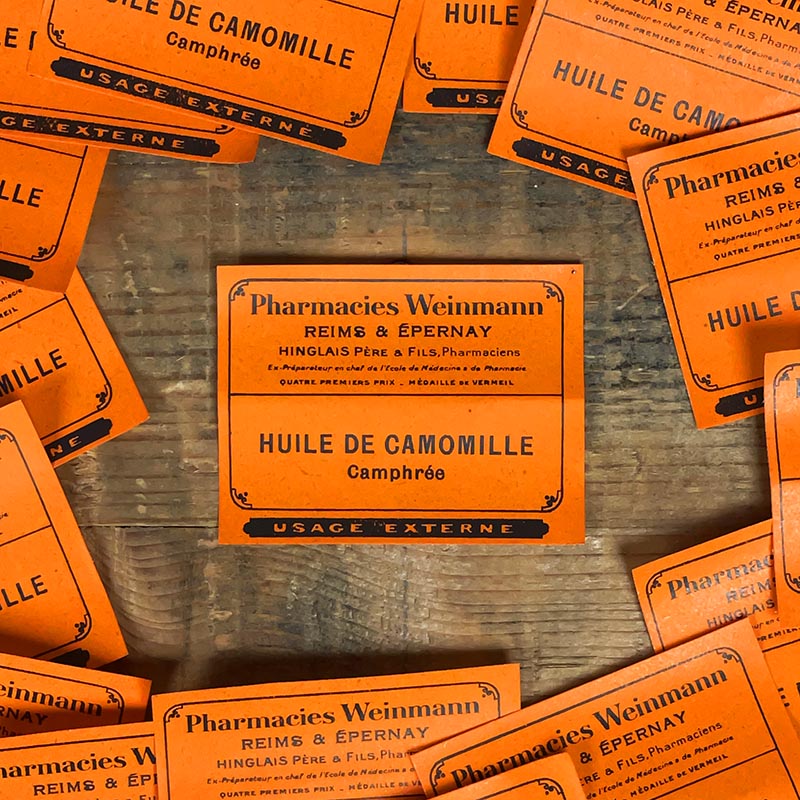 petite étiquette ancienne pharmacie hinglais reims epernay marne 1930 1920 huile de camomille camphrée