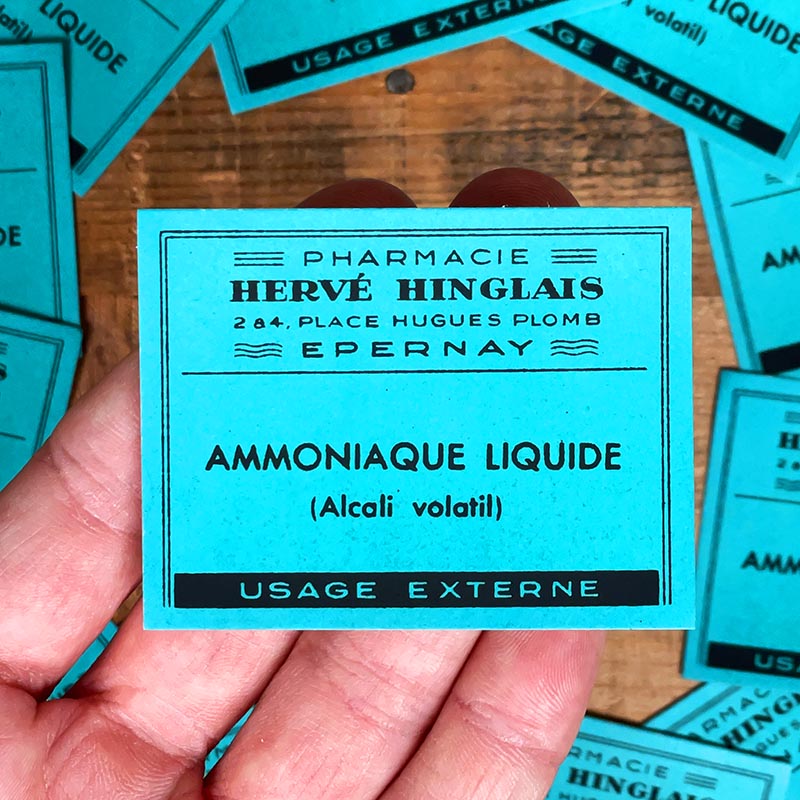 petite étiquette ancienne pharmacie hinglais reims epernay marne 1930 1920 ammoniaque liquide bleu alcali volatil
