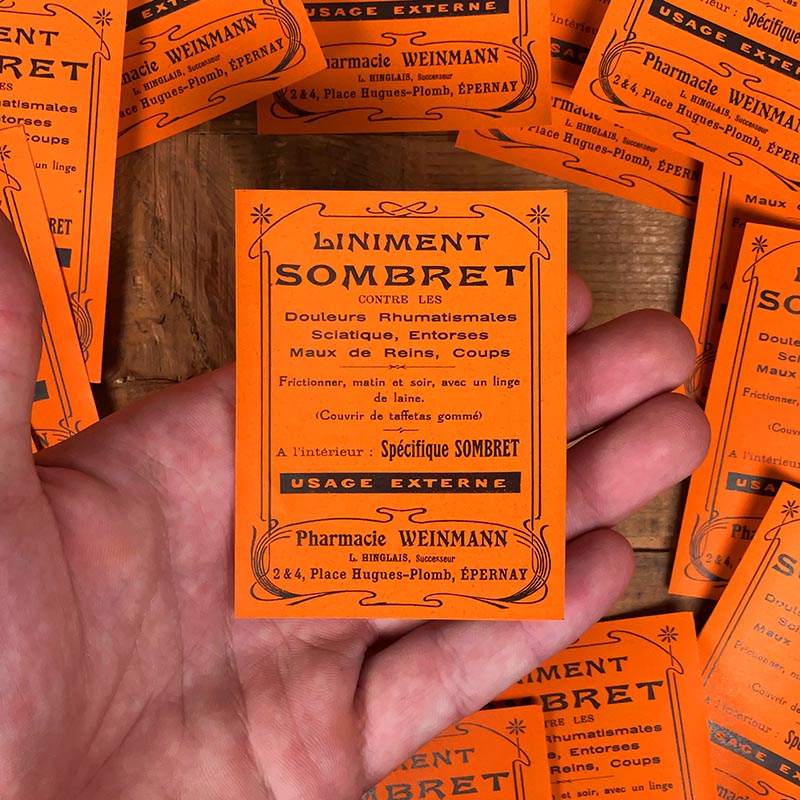 étiquette ancienne pharmacie hinglais epernay marne 1900 1920 liniment sombret contre les douleurs rhumatismales