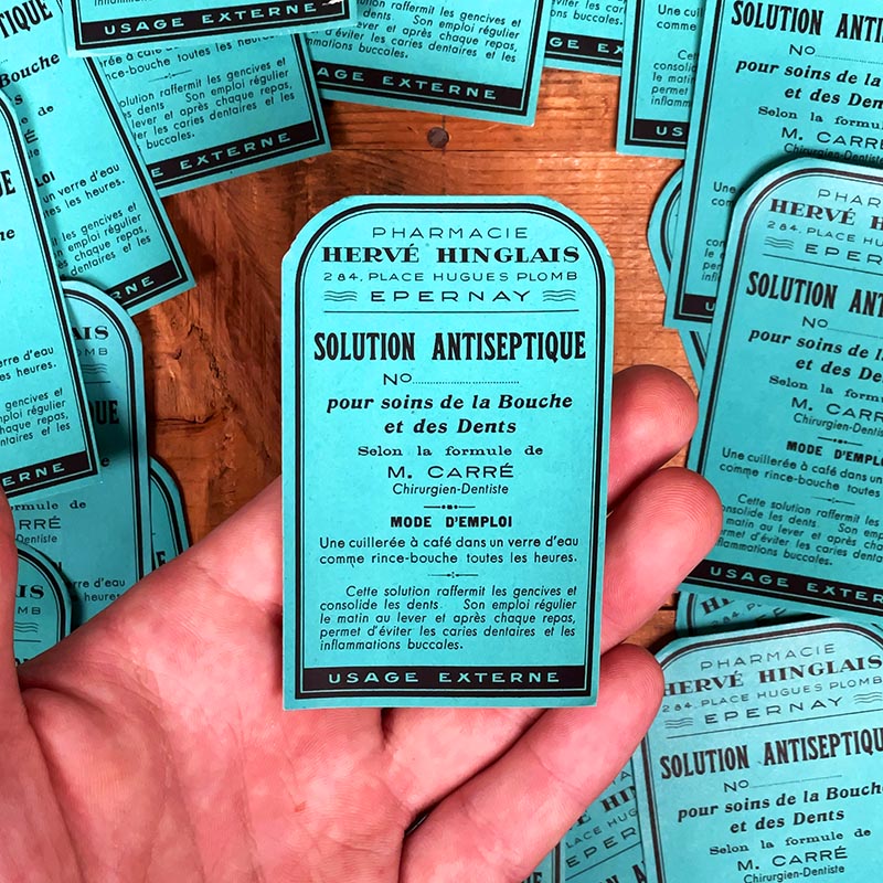 petite étiquette ancienne pharmacie hinglais epernay marne 1900 1920 Solution Antiseptique Bouche et Dents