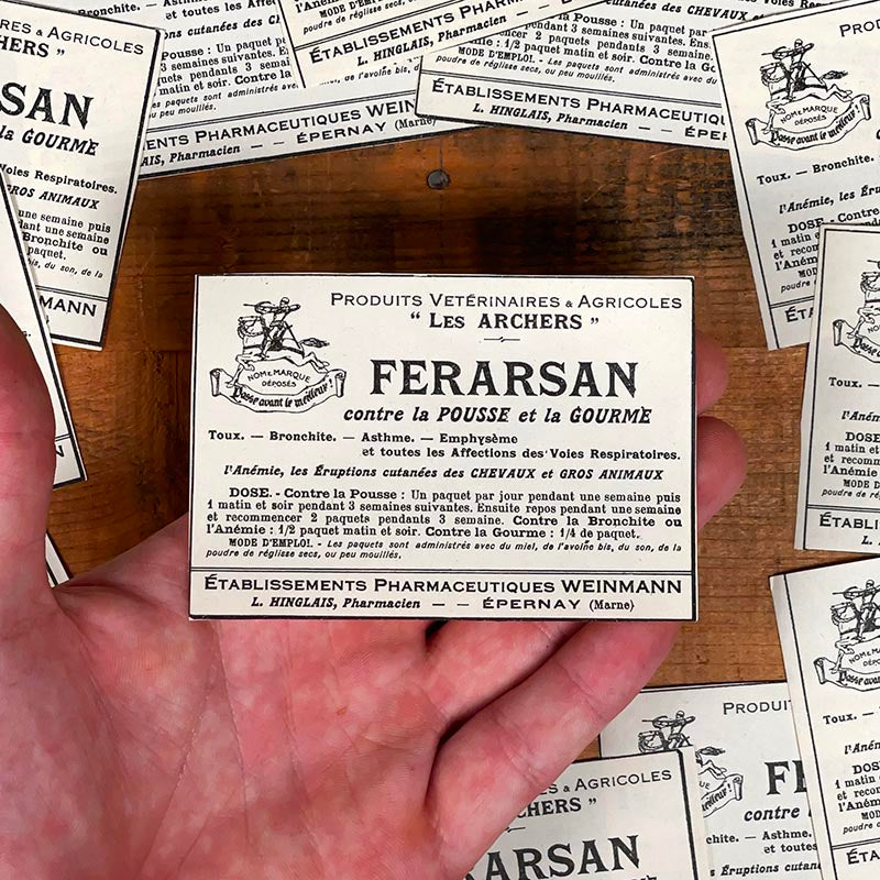 étiquette ancienne pharmacie hinglais epernay marne 1900 1920 produit vétérinaire les archers Ferarsan contre la Pousse et la Gourme