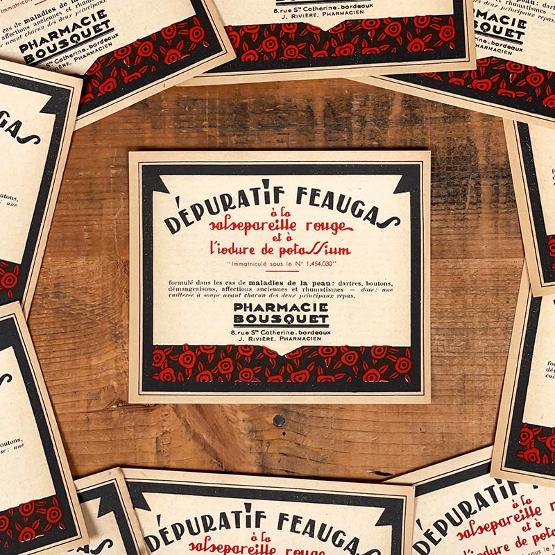 étiquette ancienne de pharmacie bousquet bordeaux vintage 1930 dépuratif feaugas salsepareille rouge