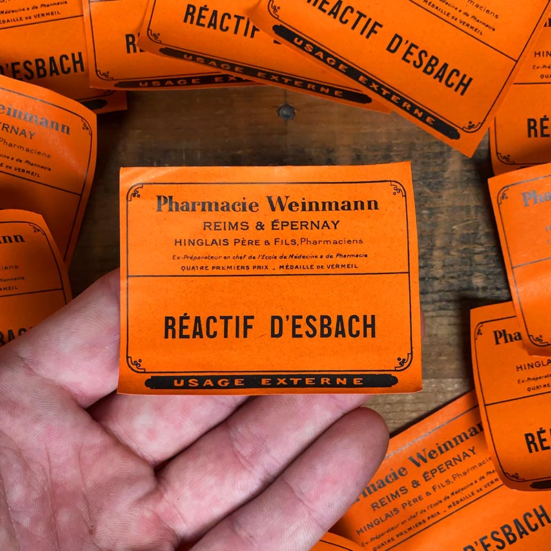 petite étiquette ancienne pharmacie hinglais reims epernay marne 1930 réactif d'esbach esbach