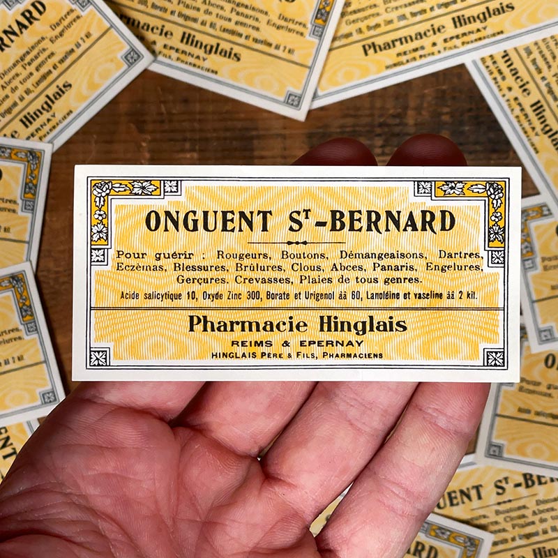 étiquette ancienne pharmacie hinglais epernay marne 1930 1920 onguent st bernard saint-bernard