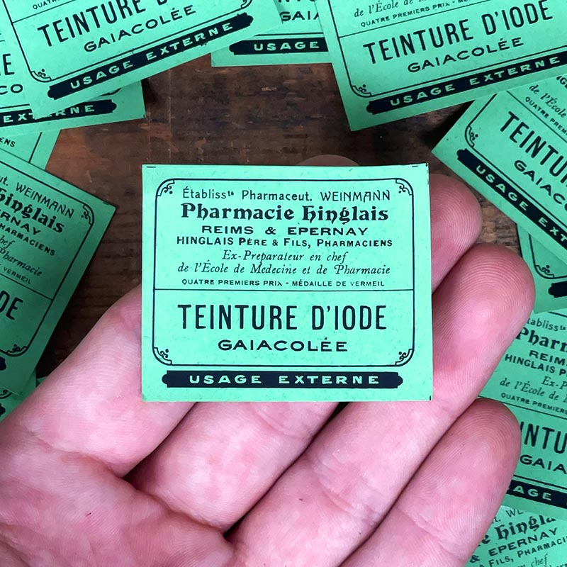 petite étiquette ancienne pharmacie hinglais reims epernay marne 1930 1920 teinture d'iode gaiacolée