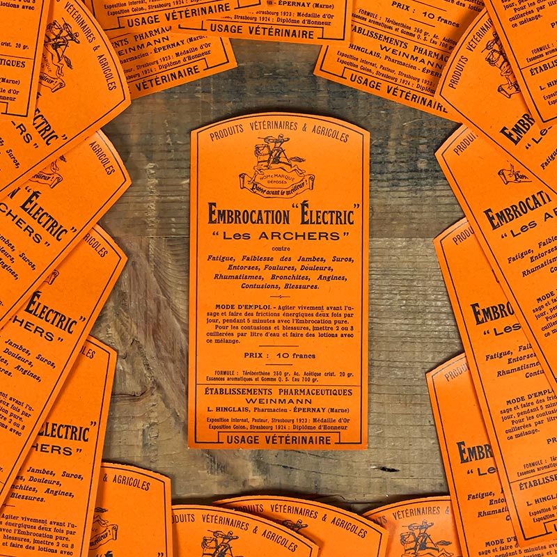 étiquette ancienne pharmacie hinglais epernay marne 1900 1920 embrocation electric les archers vétérinaire