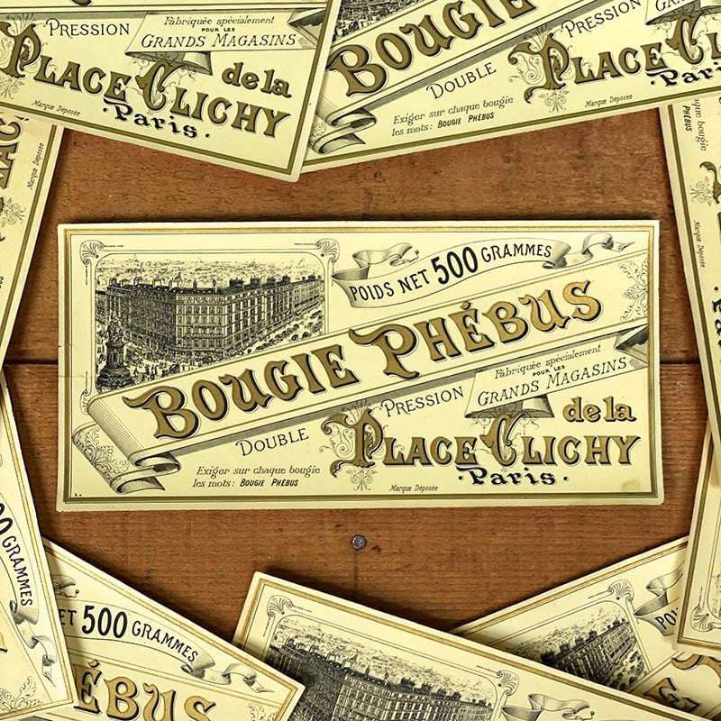 étiquette ancienne bougie phébus papier vintage 1900 boite paquet 1890 paris clichy illustration