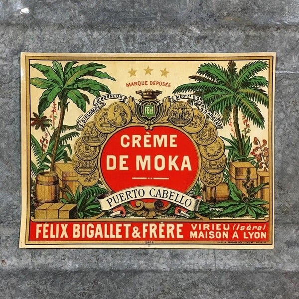 étiquette ancien ancienne crème de moka bigallet 1930 1920 bouteille dorure