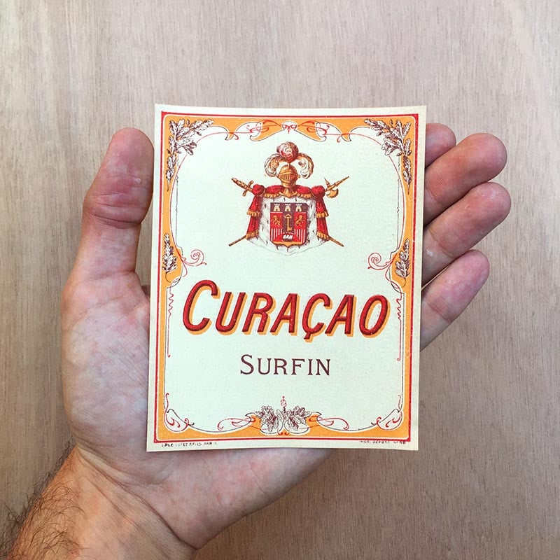 Etiquette curacao surfin 1930 boisson alcool bar brasserie bistrot cocktail