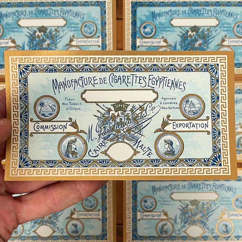 étiquette manufacture de cigarettes egyptiennes 1900 caire malte ancienne vintage doré bleu