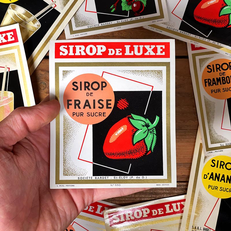 étiquette sirop ancien vintage fruits fraise boisson restaurant bar imprimerie collection bouteille 1960