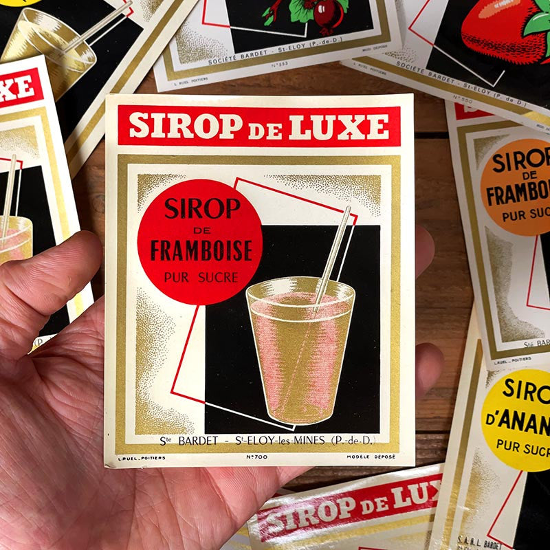 étiquette sirop ancien vintage fruits framboise boisson restaurant bar imprimerie collection bouteille 1960