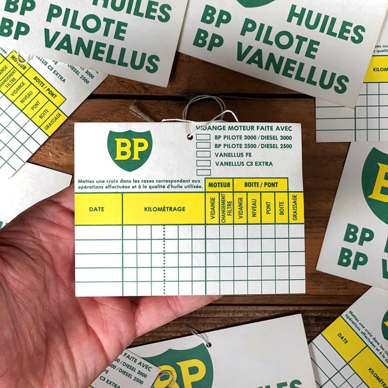 etiquette de vidange station bp pilote vanelus huile multigrade garage voiture ancienne 1970 ancien vintage