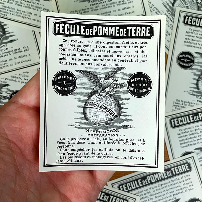 étiquette ancienne papier fécule de pomme de terre patate cuisine ancien vintage restaurant chef 1900