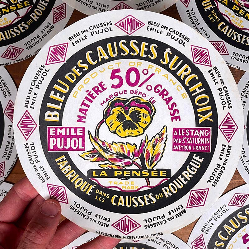 étiquette fromage ancien vintage fromagerie 1950 1960 bleu des causses ronde surchoix lestang aveyron valmont la pensée