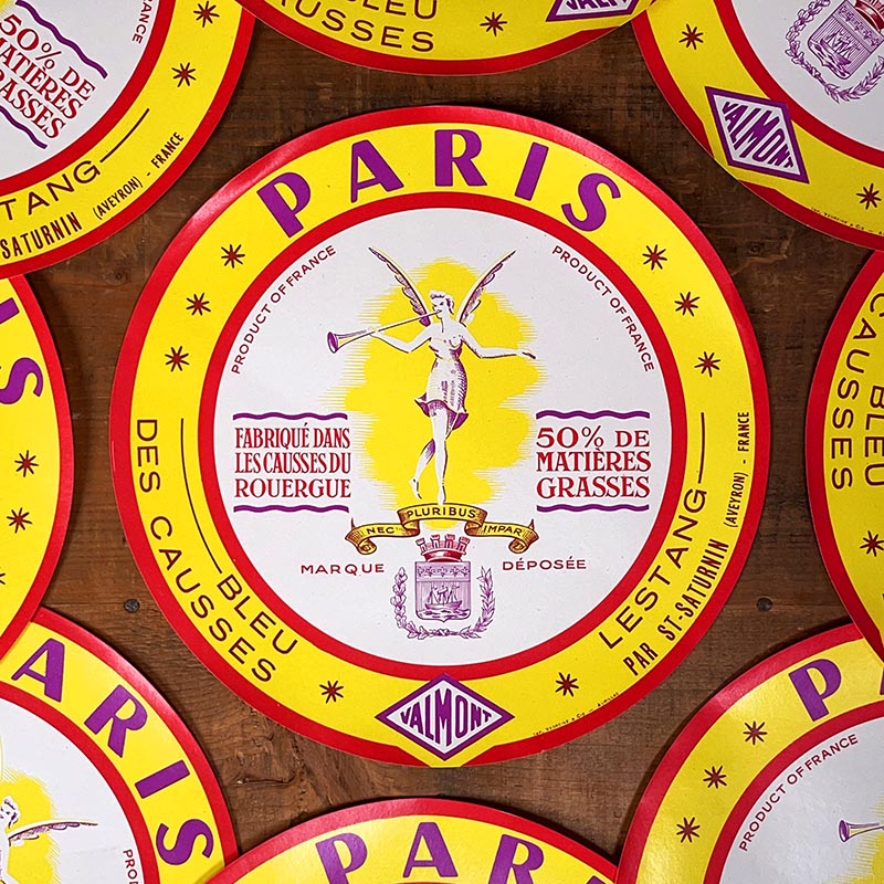 étiquette fromage ancien vintage fromagerie 1950 1960 bleu des causses ronde surchoix lestang aveyron paris statue jaune valmont