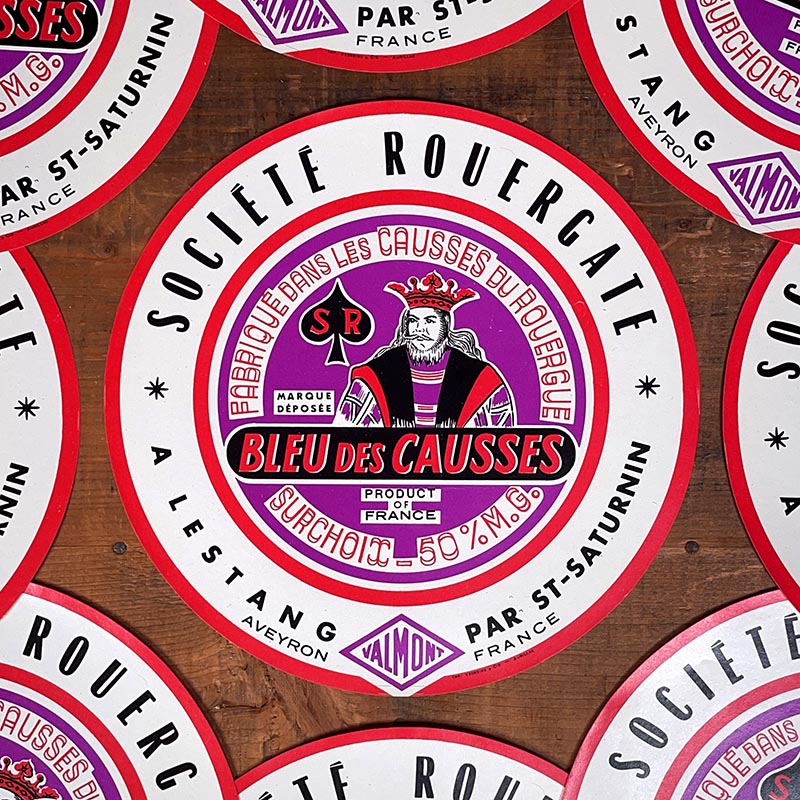 étiquette fromage ancien vintage fromagerie 1950 1960 bleu des causses ronde surchoix lestang aveyron roi de pique rouer valmontate