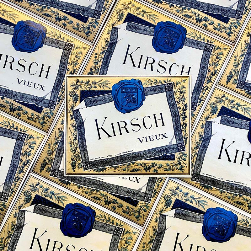étiquette bistrot bar kirsch papier ancienne vintage 1930 dorée or bouteille alcool