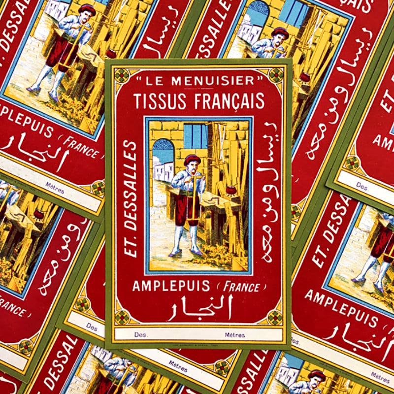 le menuisier étiquette tissus français entreprise dessalles ancien vintage papier couleur illustration 1930 tissage atelier 1920