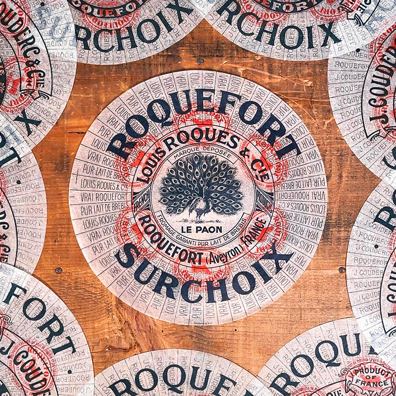 étiquette fromage roquefort surchoix ancienne vintage fromagerie 1920 1930 calque transparent papier très fin le paon louis roques