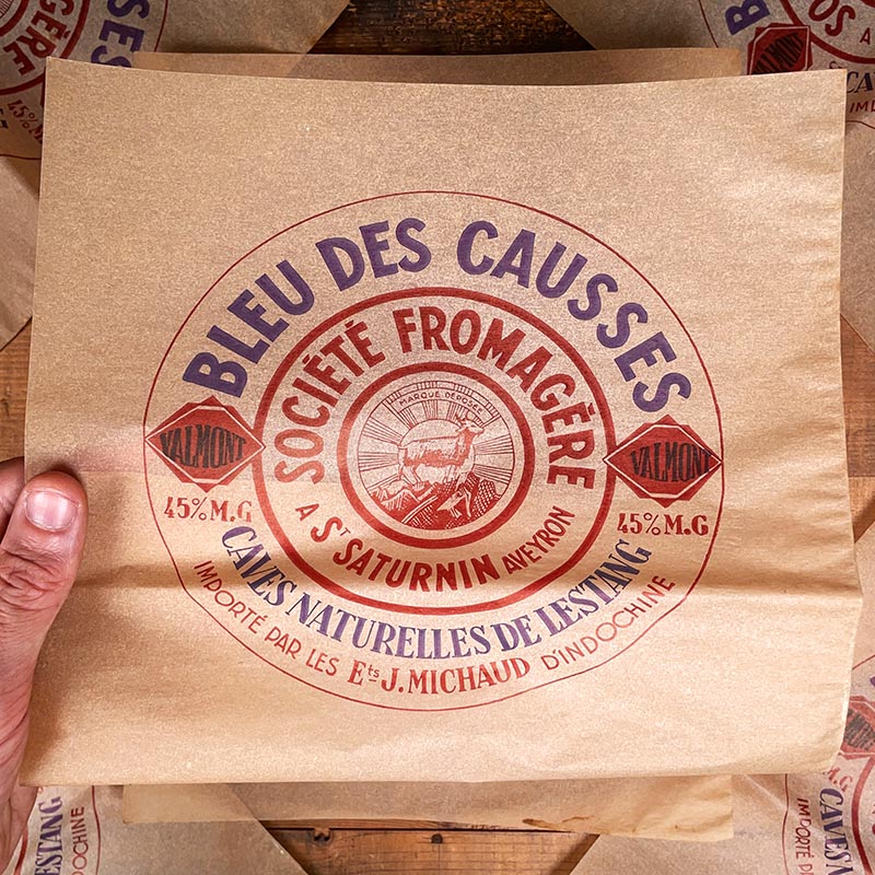 papier d'emballage fromage ancien vintage fromagerie 1950 1940 bleu des causses ronde valmont indochine