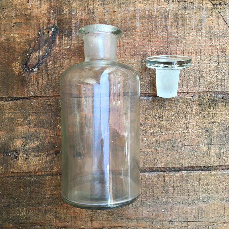 flacon ancien vintage laboratoire bouchon à l'émeri 1980 1970 verre transparent