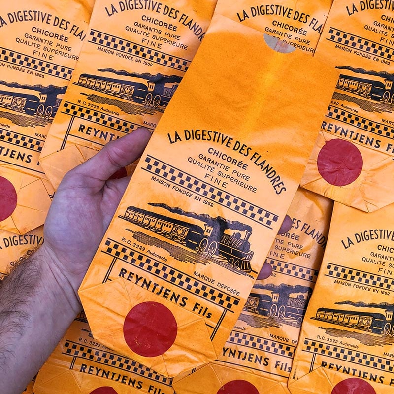 grand sachet papier orange 1930 chicorée la digestive des flandres ancien ancienne vintage train locomotive