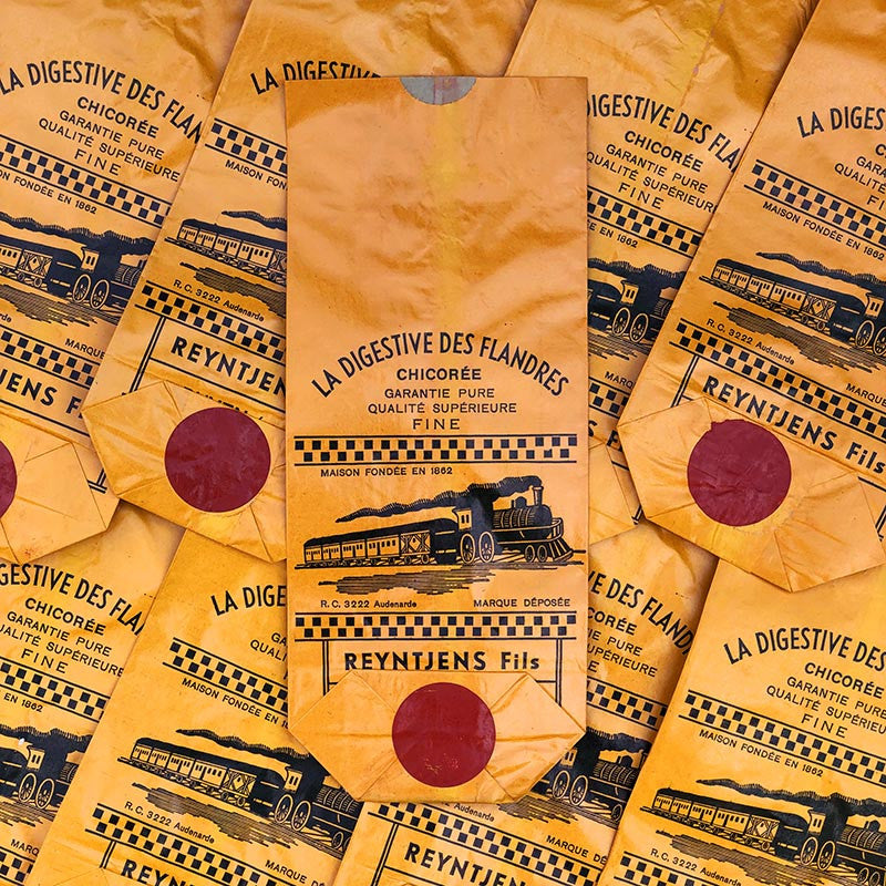 grand sachet papier orange 1930 chicorée la digestive des flandres ancien ancienne vintage train locomotive