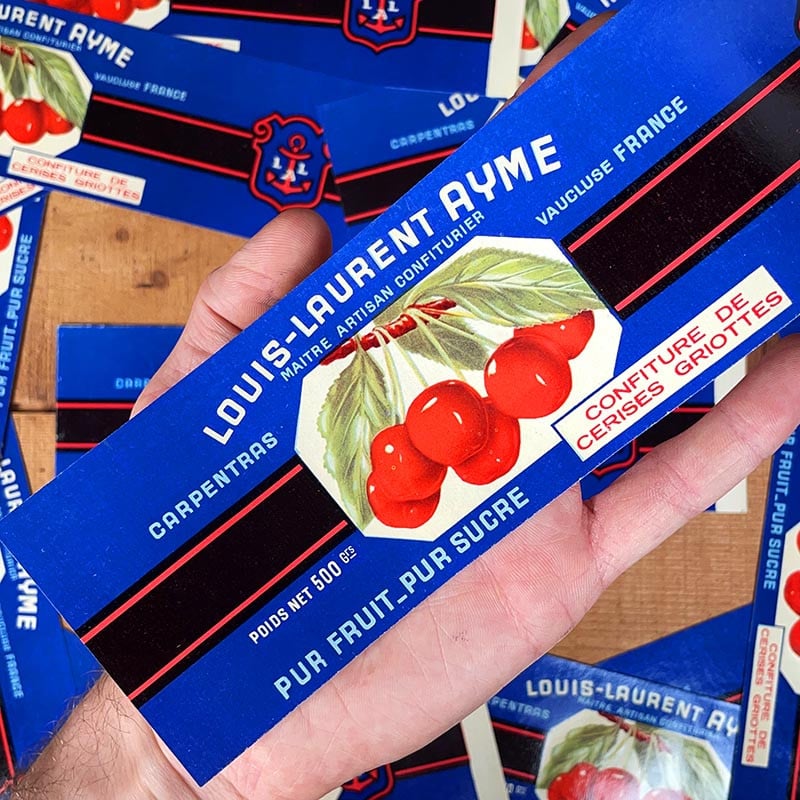 grande étiquette de bocal boite de confiture de fruits cerises griottes ancienne louis laurent ayme 1950 1960
