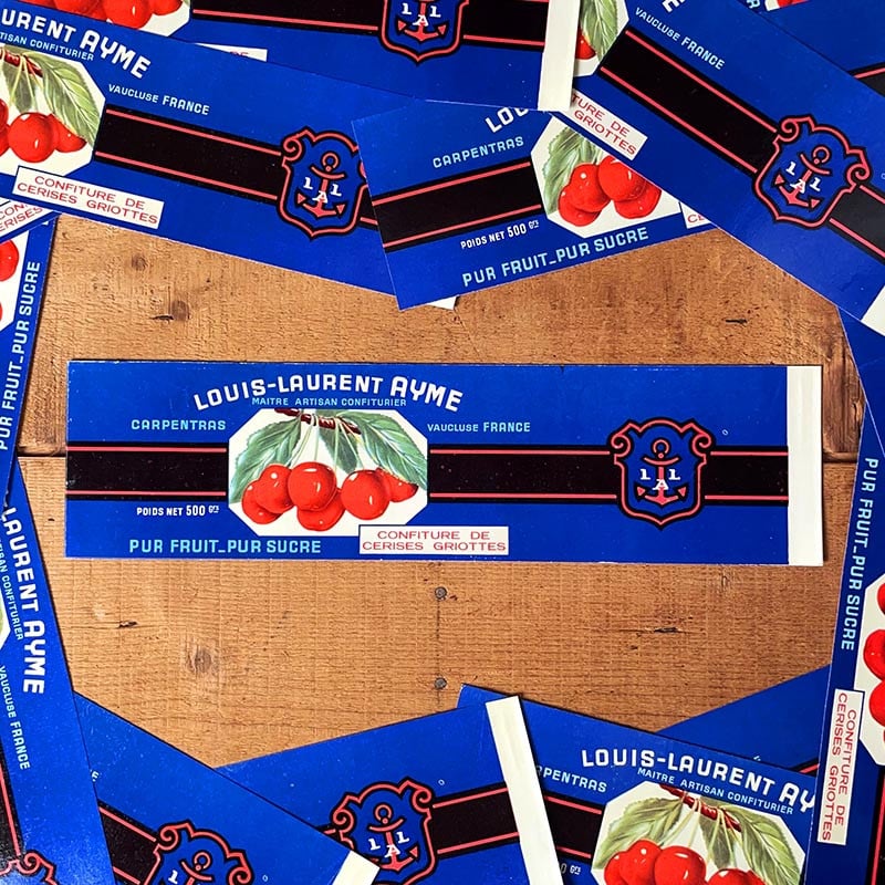 grande étiquette de bocal boite de confiture de fruits cerises griottes ancienne louis laurent ayme 1950 1960
