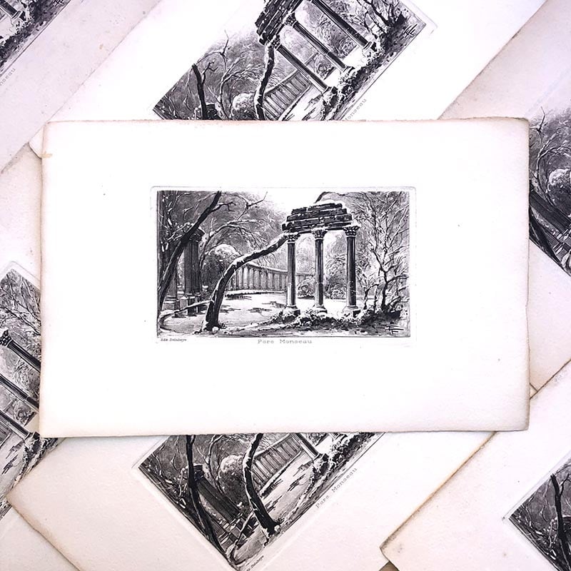 ancienne vue parc monceau ancien vintage impression imprimerie gravure papier France Paris 1930