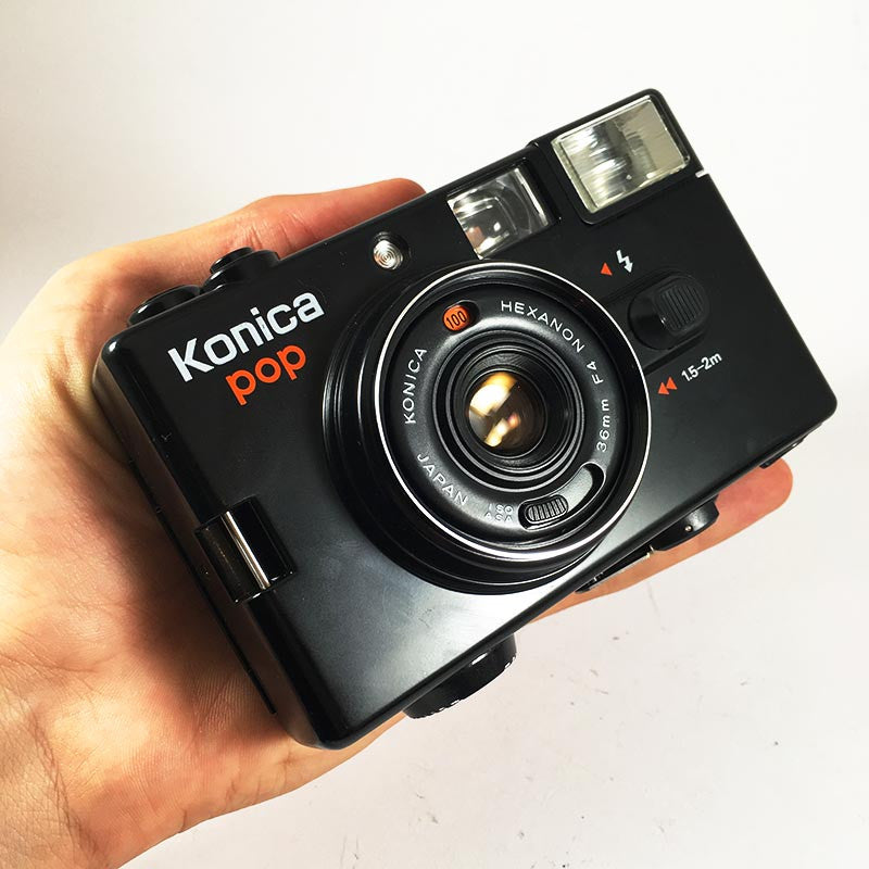 konica pop noir ancien vintage automatique hexanon 36mm 4 point and shoot flash box