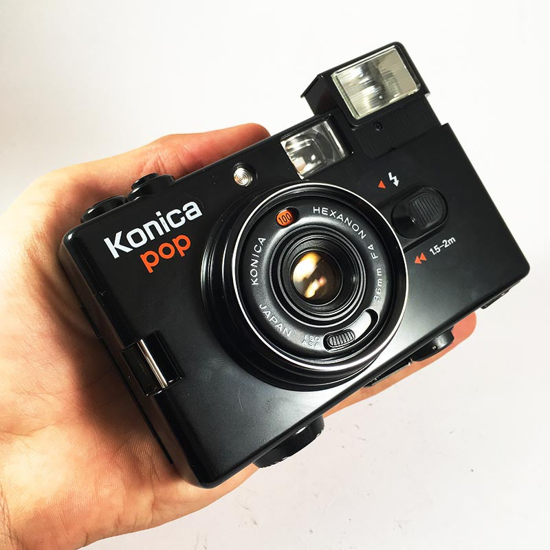 konica pop noir ancien vintage automatique hexanon 36mm 4 point and shoot flash box