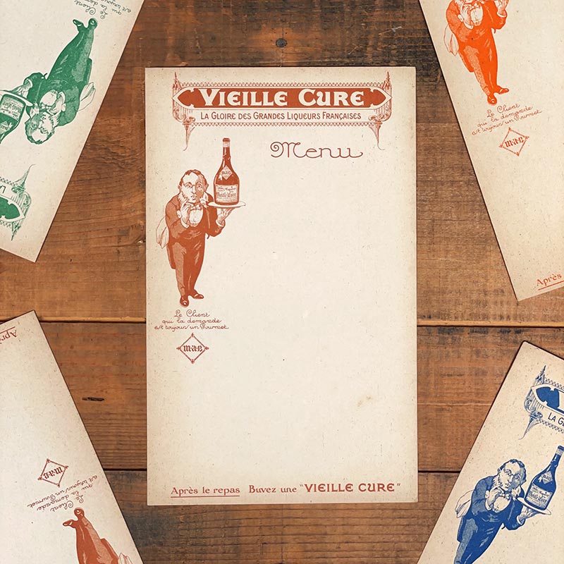 menu ancien en papier illustré illustration liqueur buvez une vieille cure alcool 1930 1940