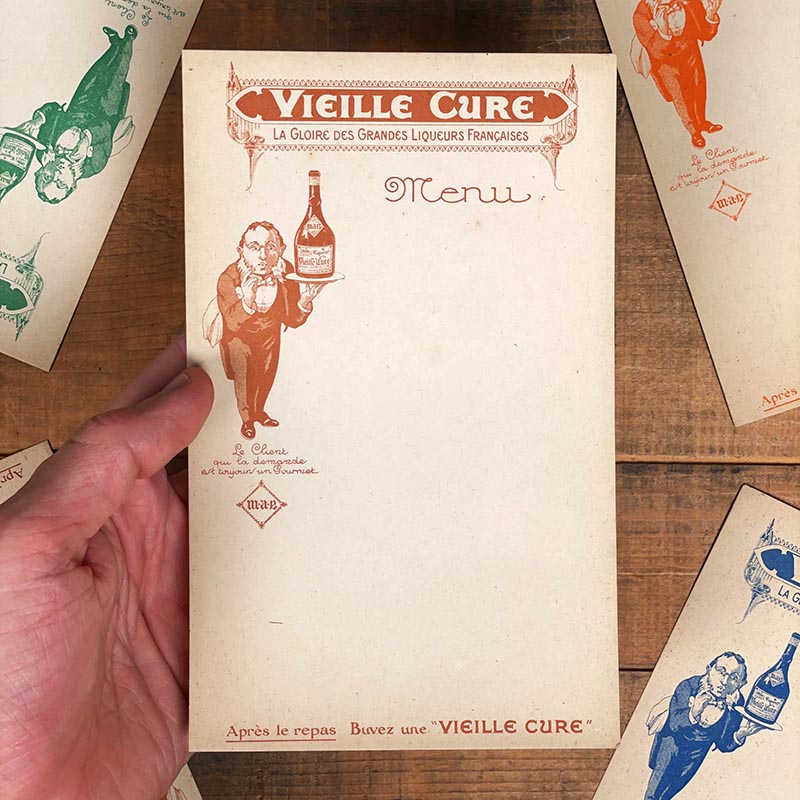 menu ancien en papier illustré illustration liqueur buvez une vieille cure alcool 1930 1940