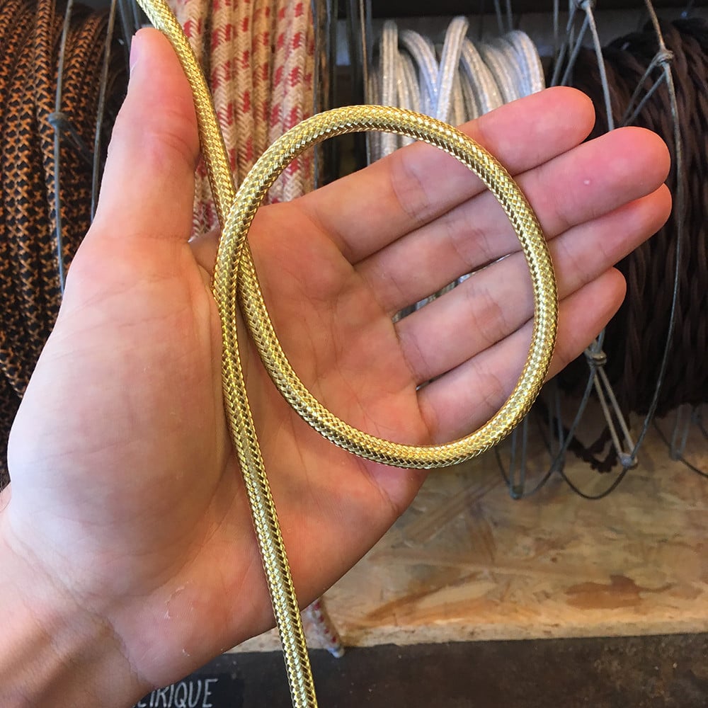 cable electrique fil textile vintage métal laiton jaune or doré brillant électricité rare rond