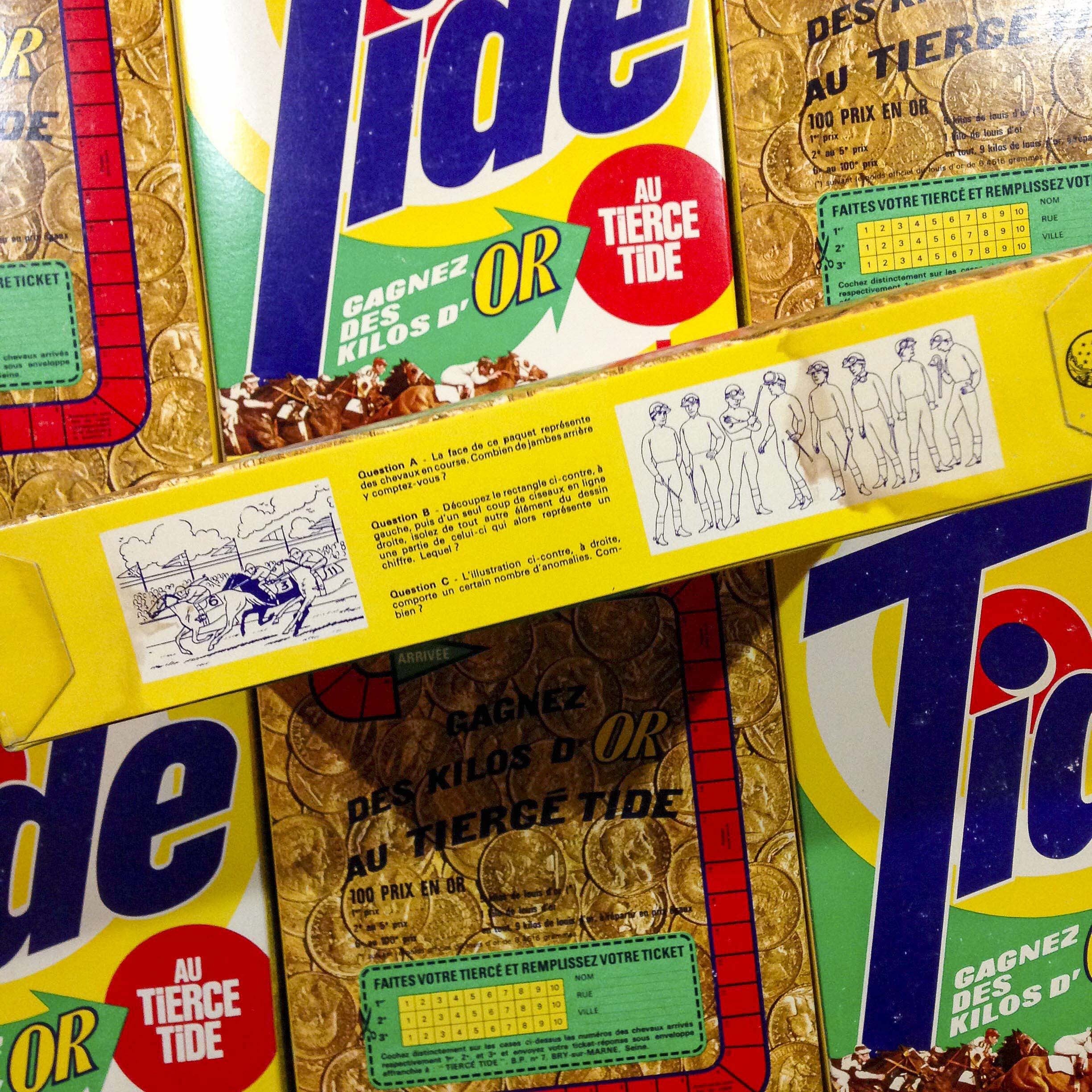 paquet lessive tide tiercé jeu ancien vintage carton boite épicerie 1950