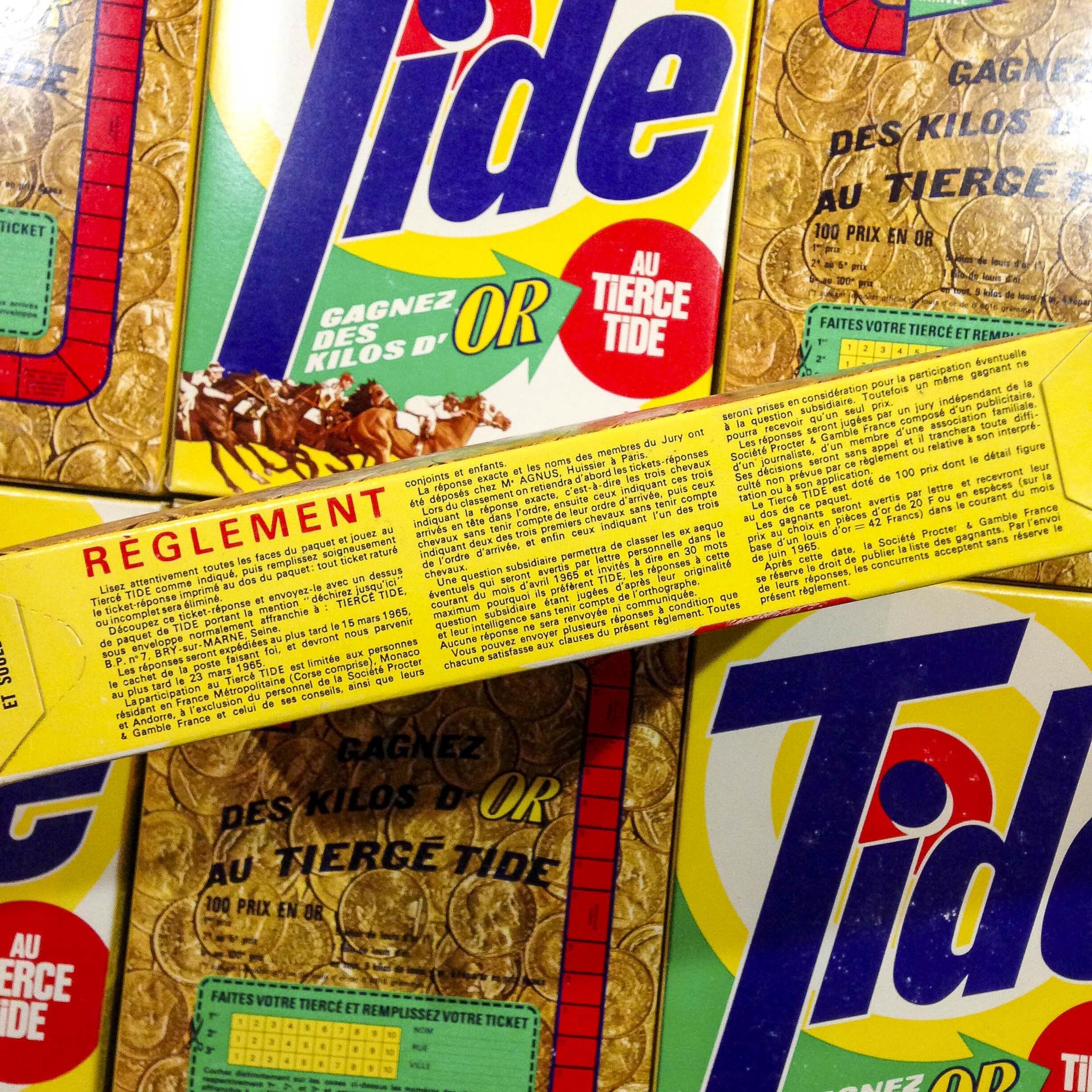 paquet lessive tide tiercé jeu ancien vintage carton boite épicerie 1950