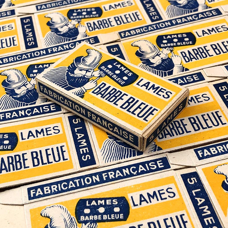boite lames rasoir barbe bleue ancienne présentation barbier coiffeur vintage 1930 1940 design ancien