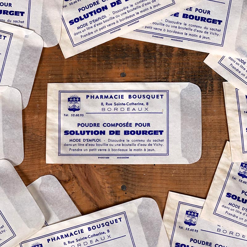 sachet ancien pharmacie bousquet bordeaux solution de bourget petite taille 1950