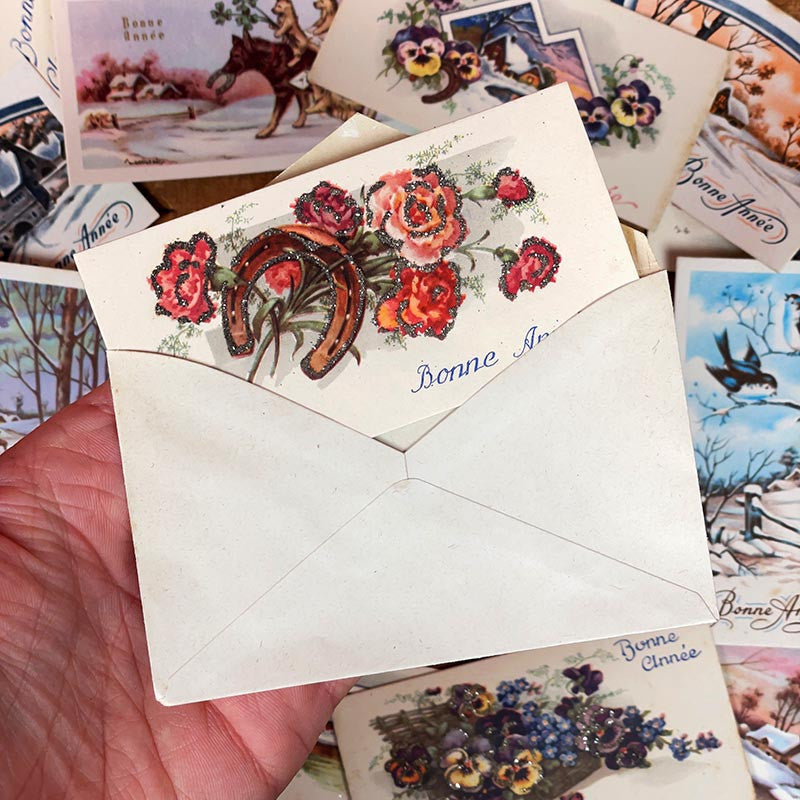 petite carte de voeux bonne année ancienne vintage chromo fleurs pailettes brillant fantaisie 1950 1960 couleur france