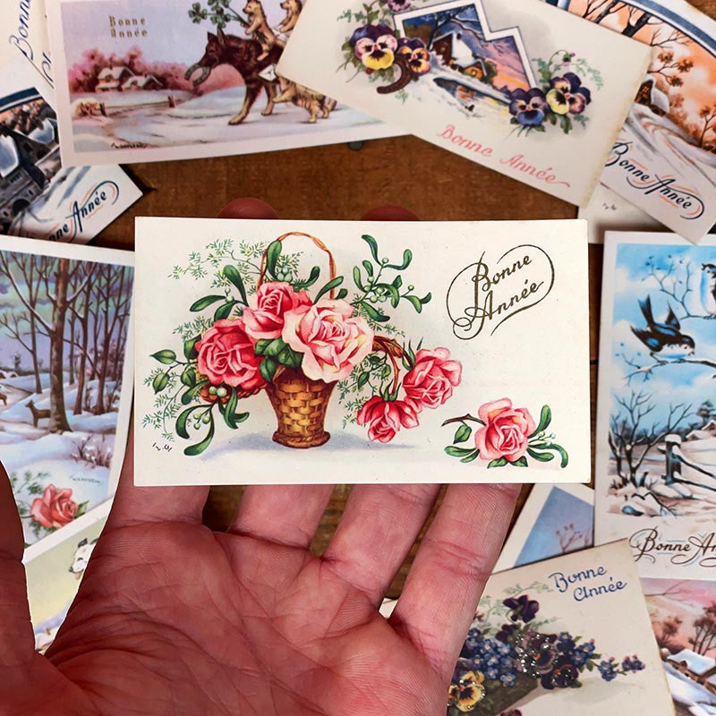 petite carte de voeux bonne année ancienne vintage chromo fleurs pailettes brillant fantaisie 1950 1960 couleur france