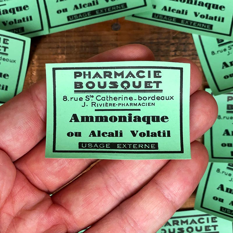étiquette ancienne de pharmacie bousquet bordeaux vintage 1930 ammoniaque alcali volatil