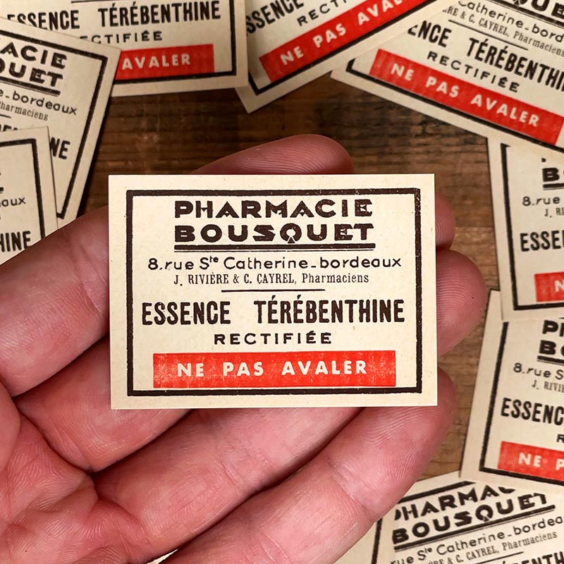 étiquette ancienne de pharmacie bousquet bordeaux vintage 1930 essence térébenthine rectifiée
