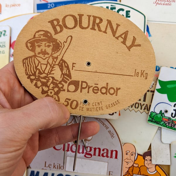 ancien vintage pique prix étiquette commerce boucherie fromagerie épicerie alimentaire plastique bois 1950
